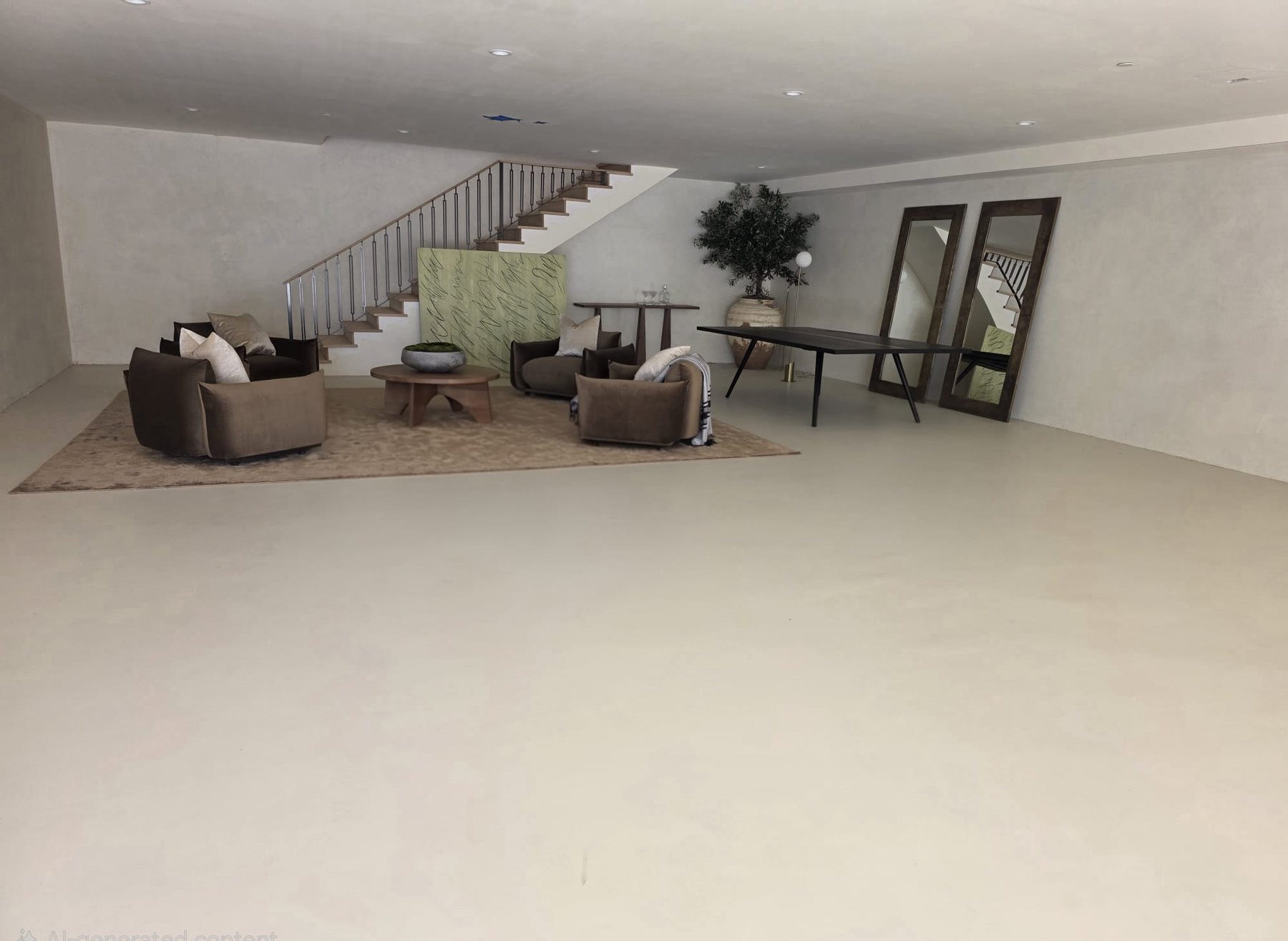 Cream solid color epoxy floor through an open Los Angeles living room