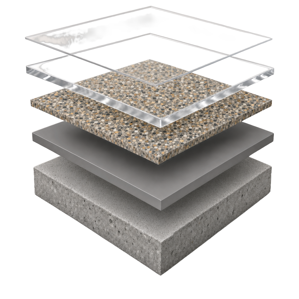 Flake system diagram with a second topcoat layer over the standard flake build