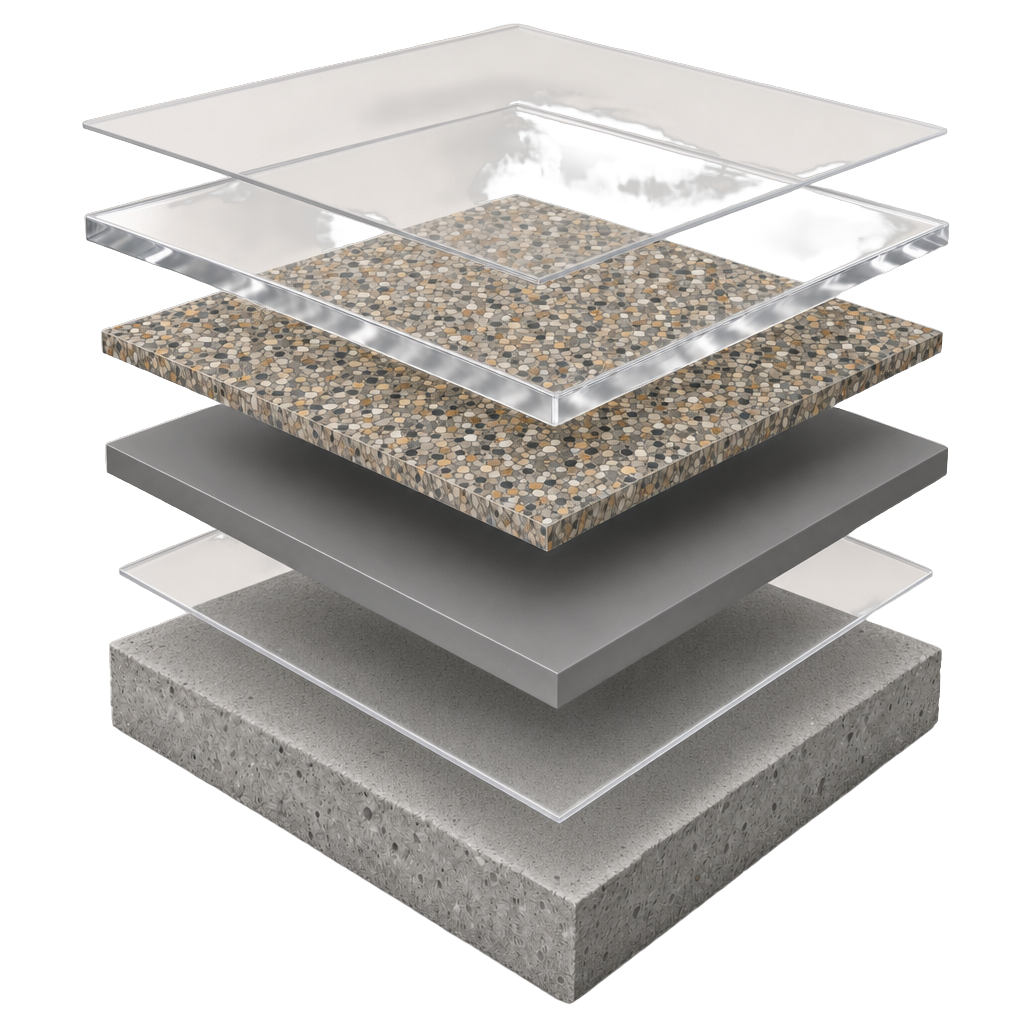 5-layer flake system diagram: clear moisture vapor barrier, pigmented polyaspartic basecoat, flake broadcast, polyaspartic topcoat and final finish coat