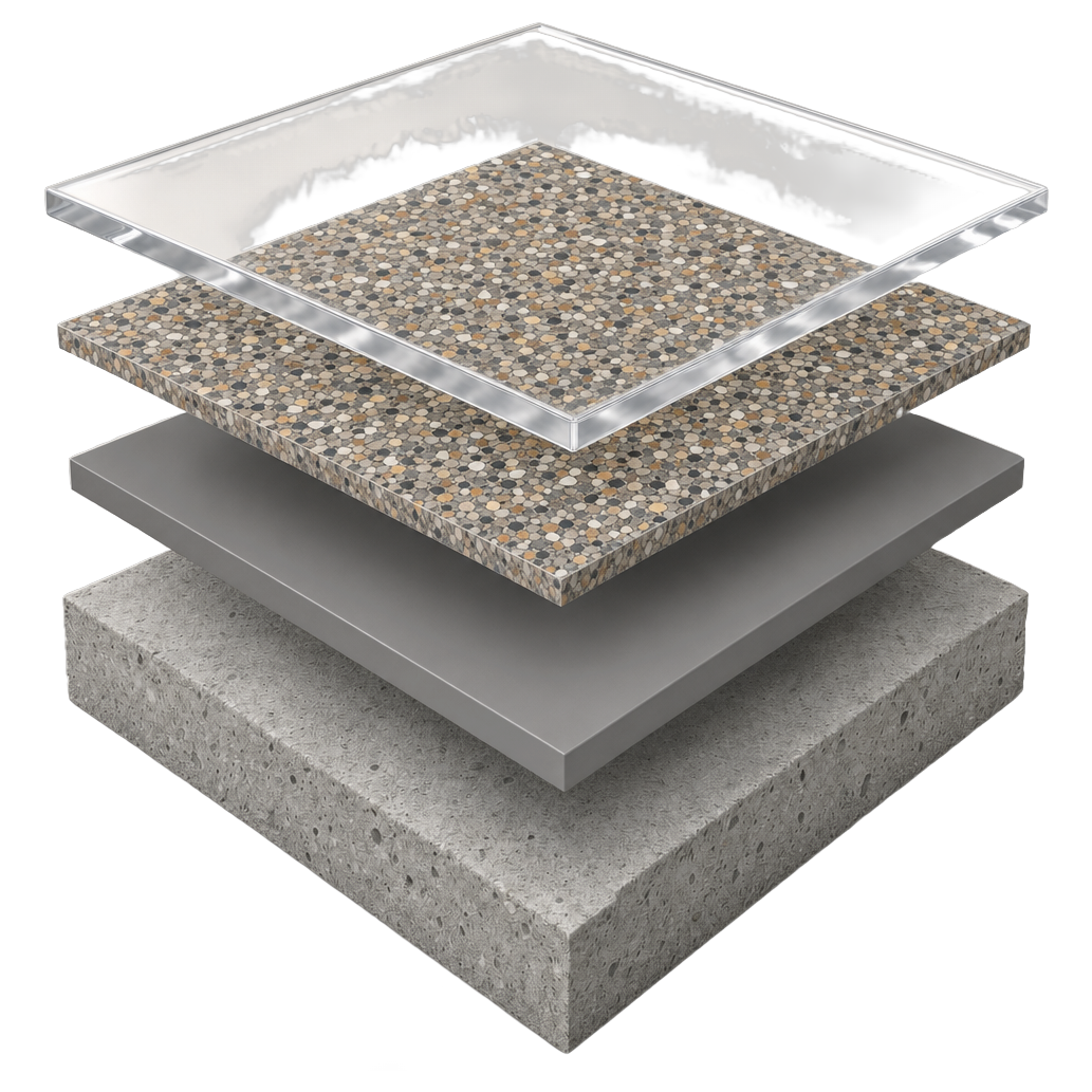 Standard 3-layer flake system diagram: concrete slab, pigmented basecoat, full flake broadcast, clear polyaspartic topcoat