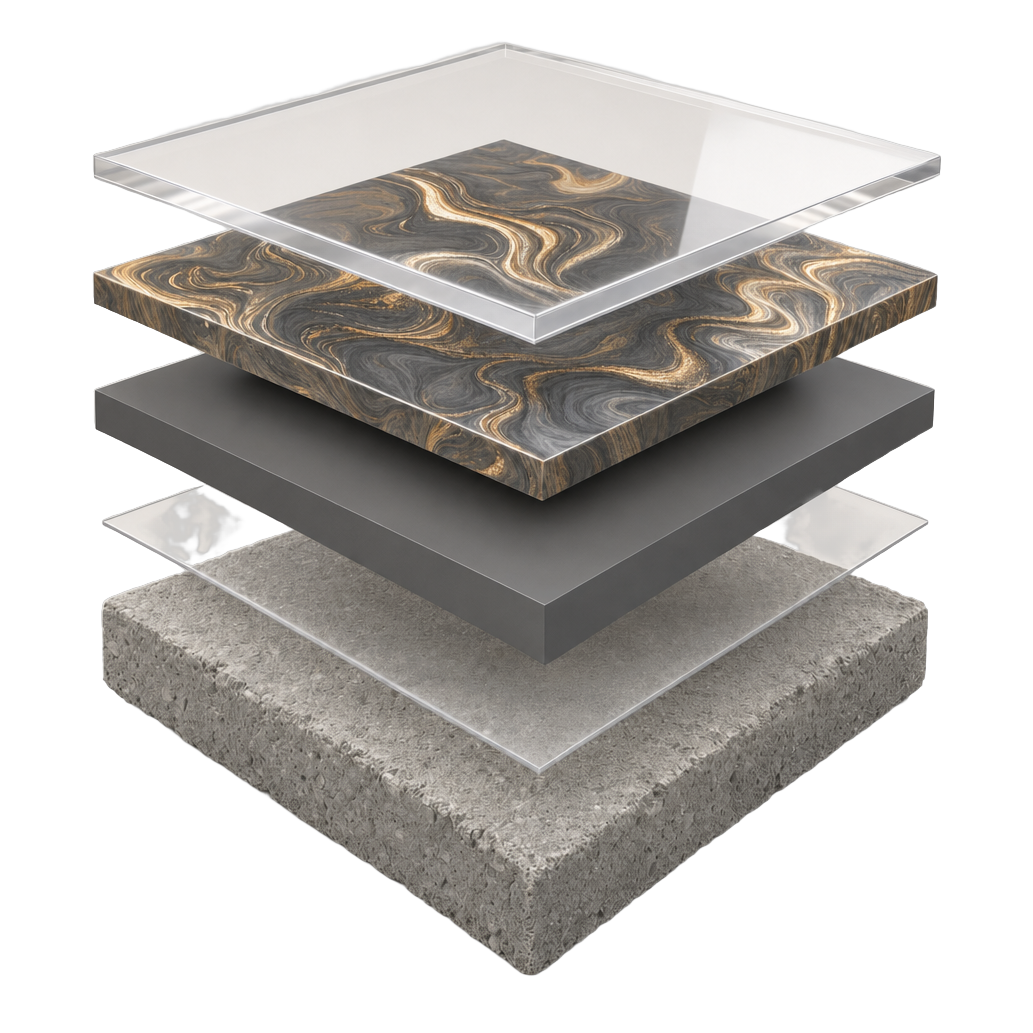 Metallic system layer diagram: concrete substrate, moisture vapor barrier, pigmented basecoat, metallic coat, clear topcoat