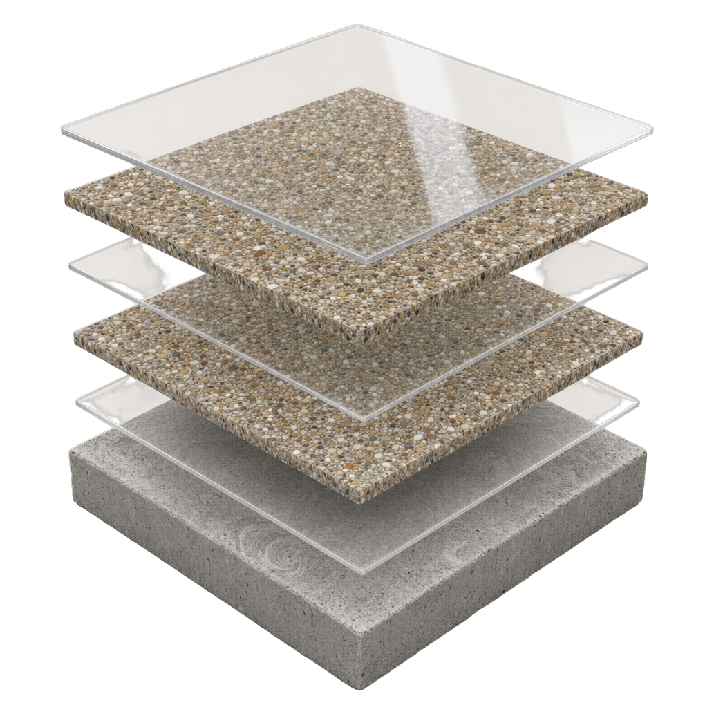 Quartz system layer diagram: concrete substrate, moisture vapor barrier, double decorative quartz broadcast, clear polyaspartic topcoat