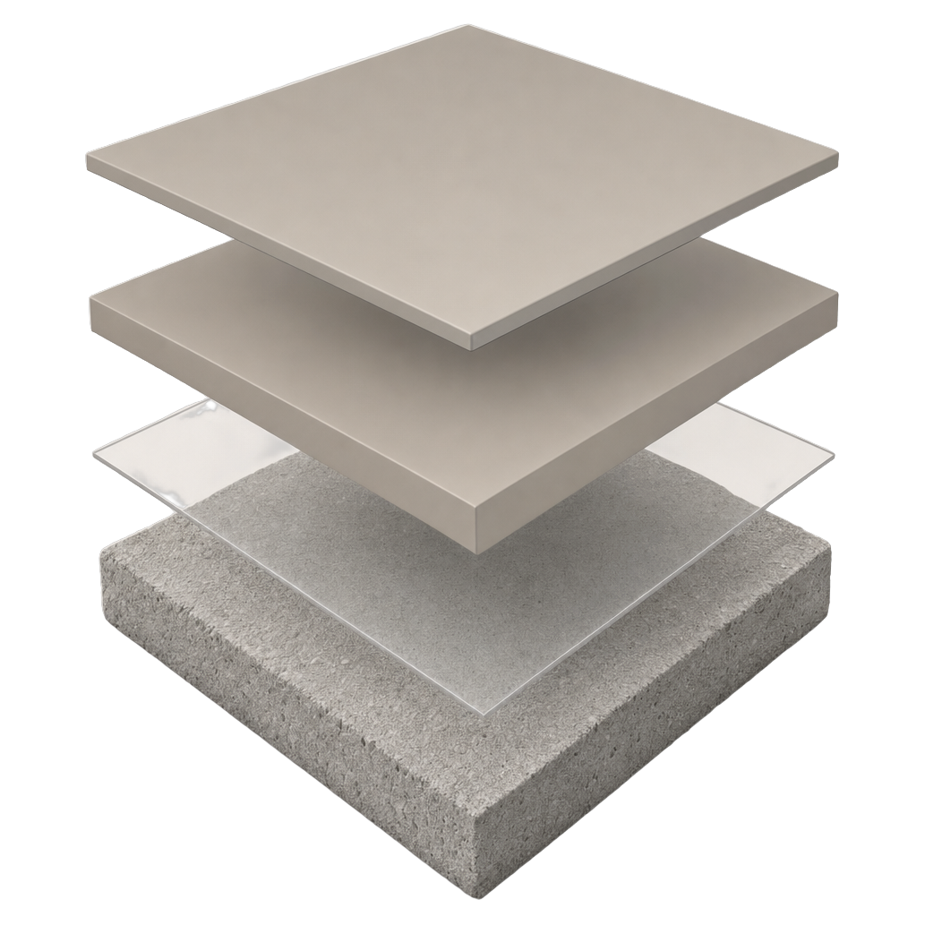 Solid color system layer diagram: concrete substrate, moisture vapor barrier, self-leveling pigmented epoxy, pigmented topcoat