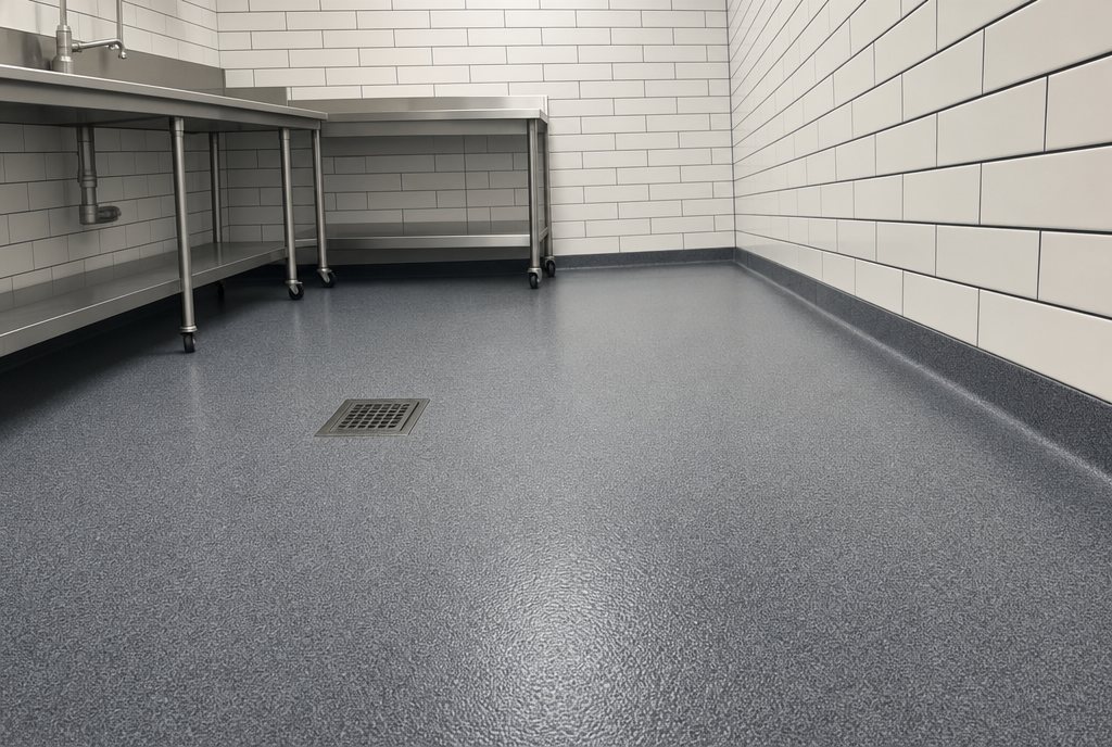 Sand finish floor with cove base and drain in a commercial wet area