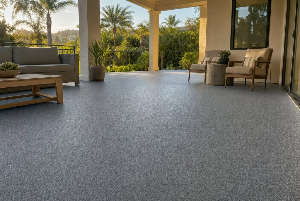 Quartz coated covered patio with outdoor furniture in Los Angeles