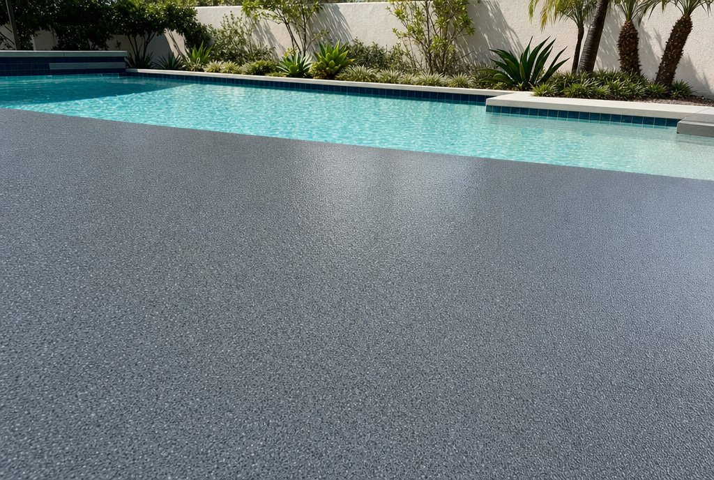 Gray quartz pool deck coating beside a backyard pool in Los Angeles